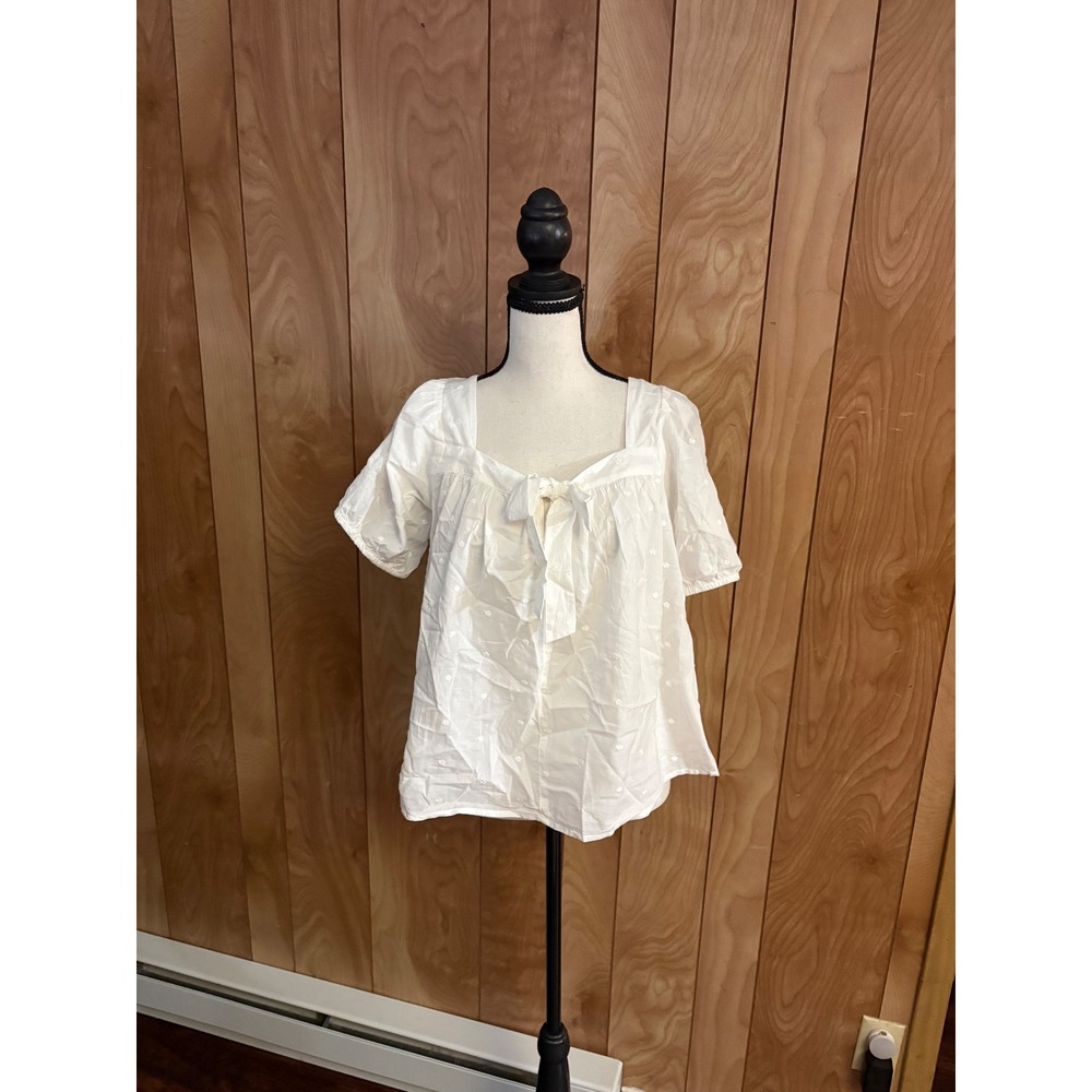 Gap Women White Eyelet Puff Sleeve Tie Front Square Neck Babydoll Blouse M New